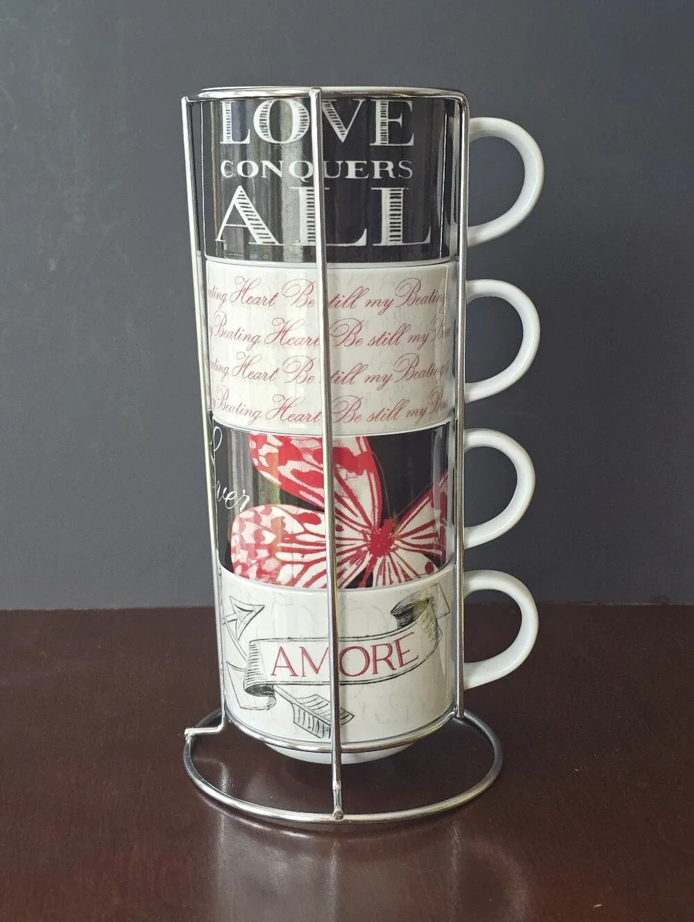 Set 4 Pier 1 Stacking Mugs in Metal Rack Amore Forever Love Conquers Still Heart